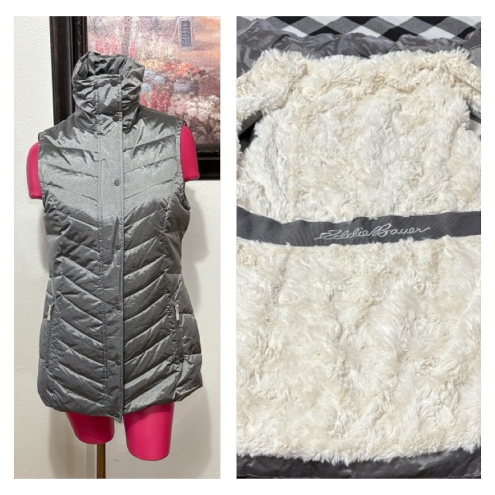 Eddie Bauer Down Full Zip Long Deep Fleece Fur Lined Vest Women's M Gray Silver